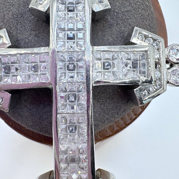 VTG Solid Sterling Silver 925 White Crystal Cross Pendant Size 3" Length - Picture 2 of 9